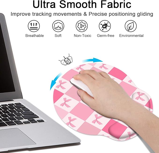Ergonomic Mouse Pad Set with Wrist Rest, Pink Bow | Checkered Kawaii Non-Slip Rubber Base Wrist Cushion Support and Coasters Mousepad with Wrist Support for Computer Keyboard