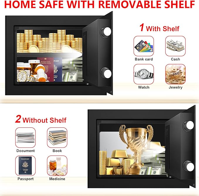 1.3 Cub Small Safes for Home Use Fire and Water Proof, Digital Security Fireproof Safe Box with Combination Lock, Smart Alarm System and Removable Shelf, Fire Safe for Home Documents Valuables
