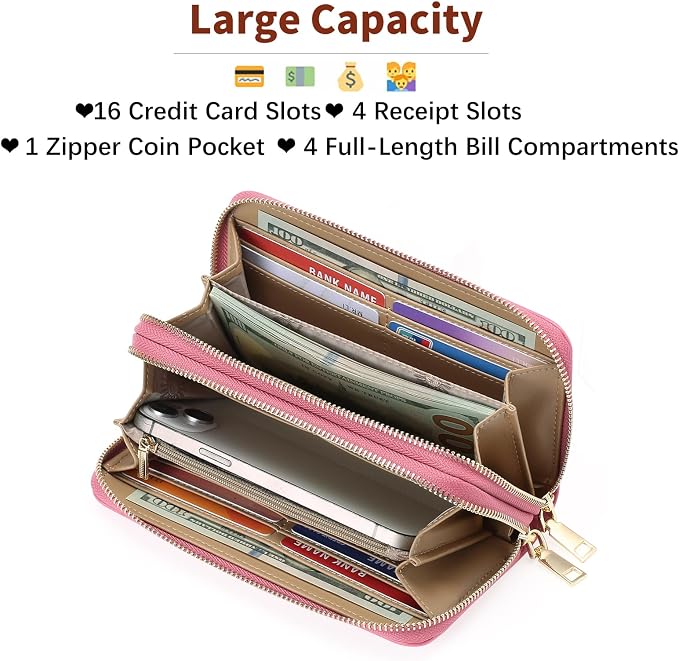 GOIACII Women's Wallet Large Capacity Double Zip Ladies Card Phone Holder RFID Blocking Wristlet Leather