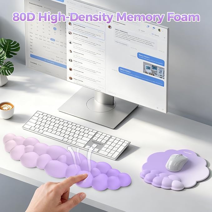 TECKNET Cloud Wrist Rest & Ergonomic Mouse Pad, Cloud Keyboard Wrist Rest with Non-Slip Base, PU Leather Memory Foam Wrist Pad for Keyboard and Mouse, Pain Relief for Typing, Gaming, Purple