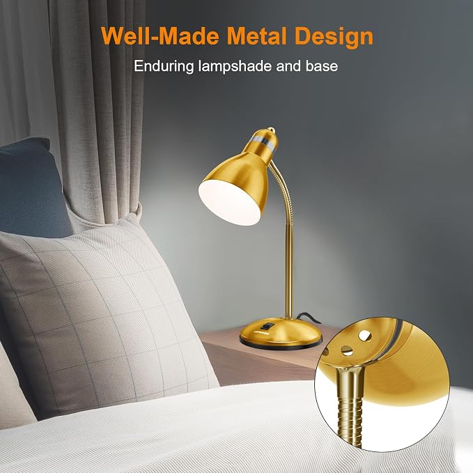 LEPOWER Metal Desk Lamp, Adjustable GooseNeck Reading Light for Bedroom | Compact & Sturdy, Space-Saving for Bedside & Dorm, E26 Table Lamp, Eye-Caring, Ldeal for Study, Office, Back to School