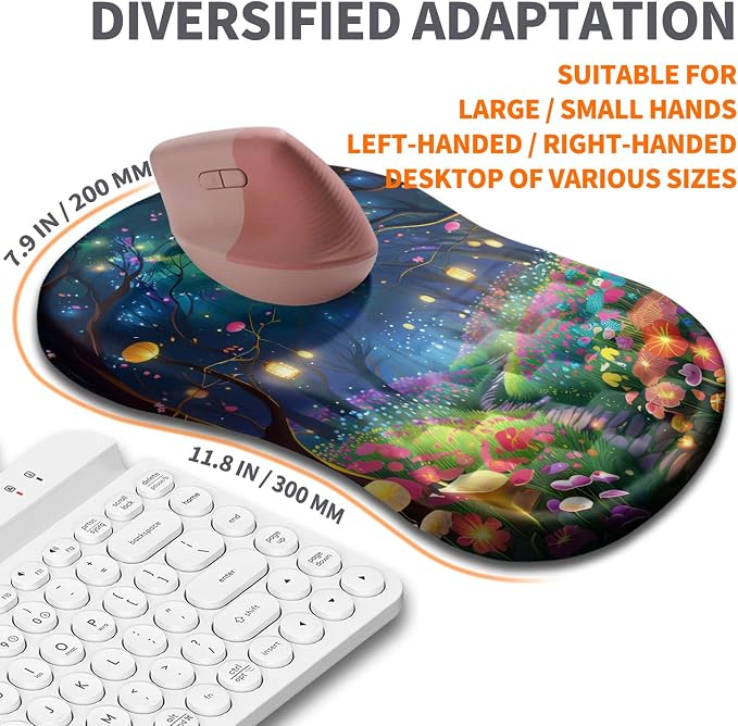 Ergonomic Joint Wrist Support Mouse Pad with Memory Foam Cushion Massage Bump, Carpal Tunnel Pain Relief Mousepad Slope Design for Wrist Rest, 11.8x7.9 in, Fantasy Forest