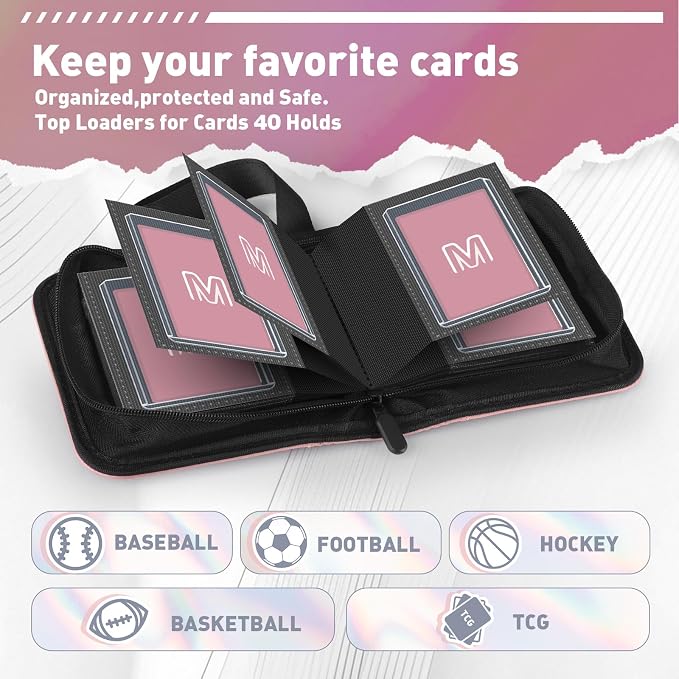 1 Pocket Toploader Binder Holds 40 Cards with 20 Sleeves Collectible Trading Card Album, for 3x4 Toploaders Hard Cases for TCG, MTG, Sports, Baseball, Football, Small Sports Card Book (1Pink)