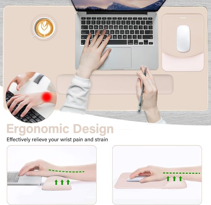MOSISO Keyboard Mouse Pad Set, Large Gaming Mouse Pad&Keyboard Wrist Rest | Rectangular Mousepad with Wrist Rest&Coaster, Ergonomic Non-Slip&Easy Typing Pad with Curved Silicone Lining, Apricot