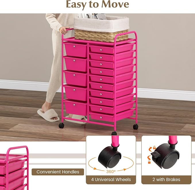 RELAX4LIFE 15-Drawer Storage Drawer Carts - Mobile Rolling Utility Cart w/Wheels, Craft Organizer for Classroom Organization and Storage, School, Office, Home, Storage Organizer Cart