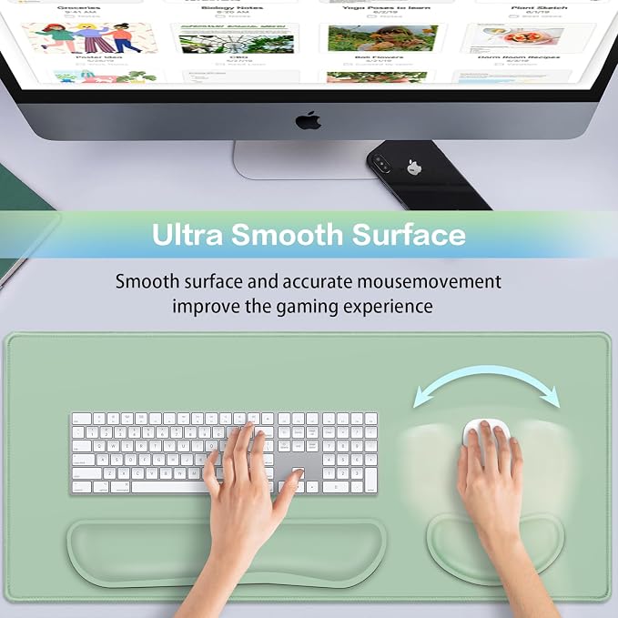 Desk Mat Green, Large Gaming Mouse Pad with Wrist Rest, 4in1 XXL | Mousepad+Keyboard Wrist Rest+Mouse Pad Wrist Support+Cup Coaster Set Ergonomic Computer Desk Arm Wrist for Decor