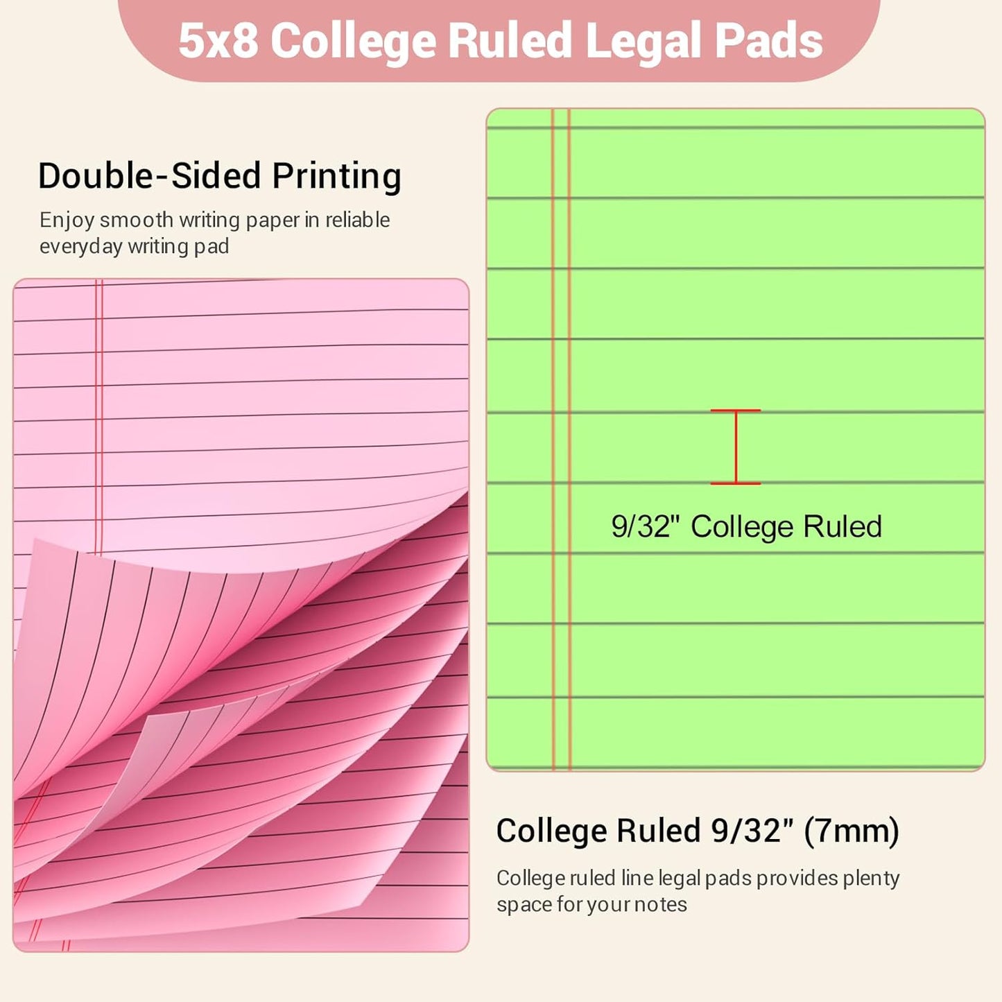 Legal Pads 5x8 Inch, 6 Pack, Narrow Ruled, 5x8 Colored Legal Pad, Mini Double-Sided Printing Notepad Perforated Small Notepad 5x8" Lined Paper, 30 sheets, Colored Writing Pads for Office Home School