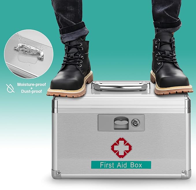 GODLONSEN Medicine Storage Box with Key for Safe Medication - 13.4 x 7.6 x 8.2 Inches - Empty Lockable First Aid Box Organizer Container for Drugs for Home, Dorm, Office, Outdoor (Silver/Large)
