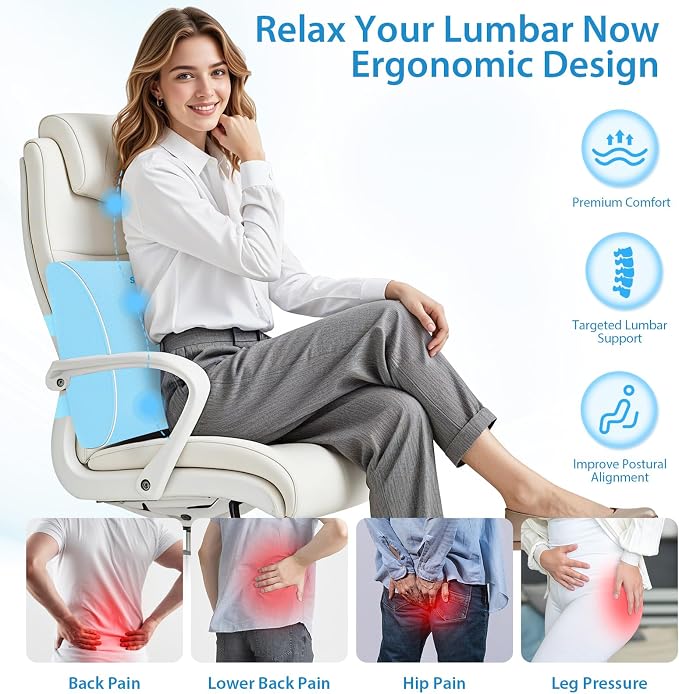 SweetSlubr Lumbar Support Pillow for Office Chair, Car & Gaming Chair, Ergonomic Memory Foam Cushion for Back Comfort,Zoned Back Support, Double Adjustable Straps(Light Blue,Large)