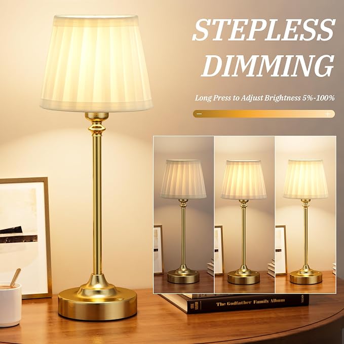 Cordless Table Lamps Rechargeable Set - 2 Pack Gold 4000mAH Battery Operated Lamps for Decor, 3000K Stepless Dimming Touch Wireless Lamp for Bedroom, Dining Table, Living Room, White Pleated Shade