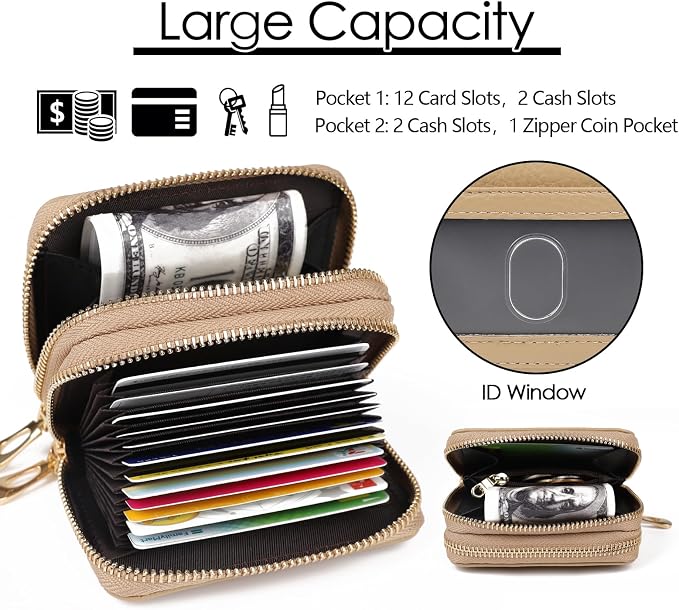 imeetu RFID Credit Card Holder, Small Card Wallet Women, Leather Card Case | Genuine Leather Women's Card & id Cases, Change Coin Purse with Zipper Keychain id Window, 20 Colors & 3 Styles, Daily, Gifts