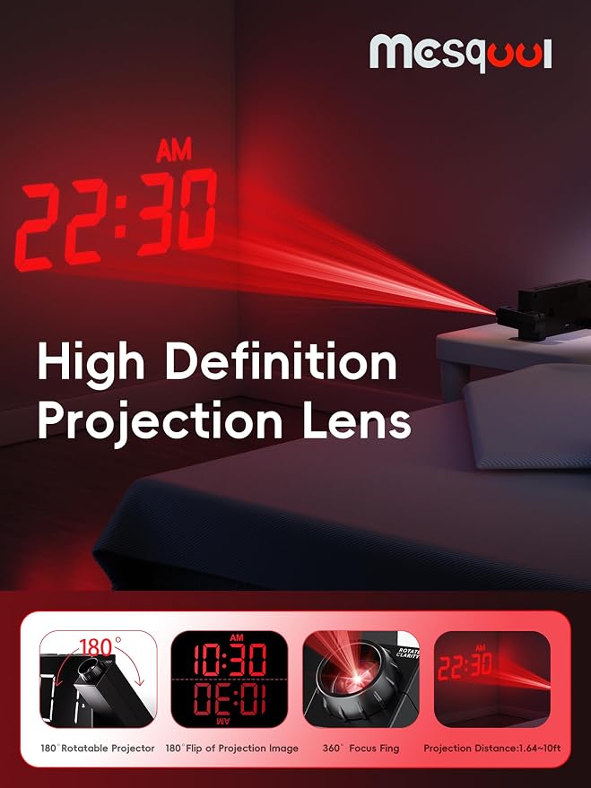 Mesqool Digital Projector Alarm Clocks for Kids Bedroom,Plug-in Clock with 180° Projection on Ceiling Wall,Dual Alarms for Heavy Sleepers,Battery Backup,USB Charging Port,Easy-to-Set,Dimmer,Snooze