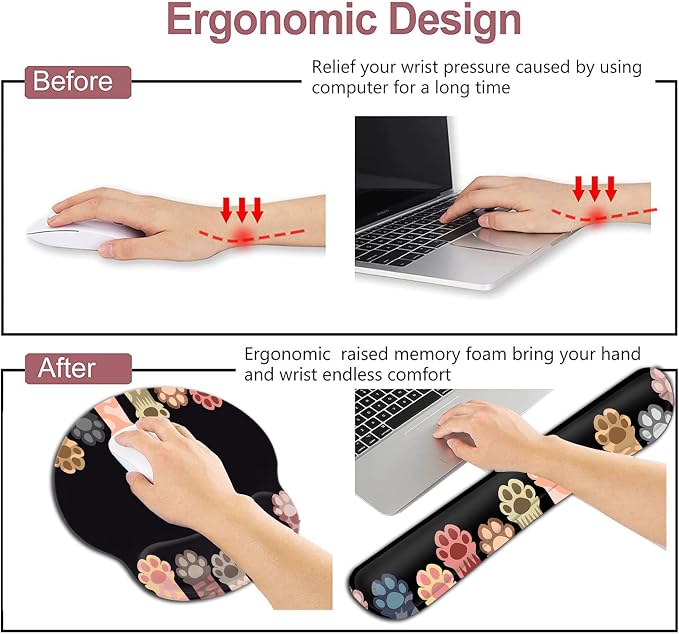 Ergonomic Mouse Pad with Wrist Support Gel Mouse Pad, Non-Slip Laptop Computer Keyboard Mousepad for Office & Home Gaming, Cute Colorful Cat Paws Design, Memory Foam Keyboard Wrist Rest