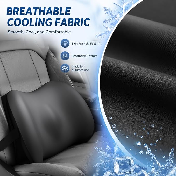 Cooling Lumbar Support Pillow for Car, Memory Foam Car Back Cushion | Cool-Touch Car Seat Back Pillow for Driving, Adjustable Strap, Cool-Touch Ergonomic Lower Back Support Pillow, Office Chairs