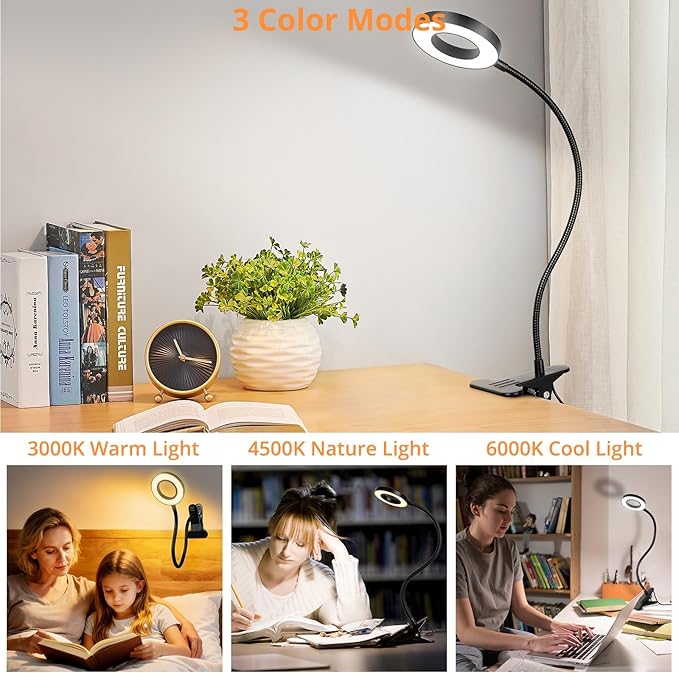 Woputne Desk Lamp Clip on Light for Bed Book Reading (Black) | 10 Dimmable Brightness 3 Light Modes Desk Lights for Home Office Clamp Bedside Lamp for Painting, Craft, Study