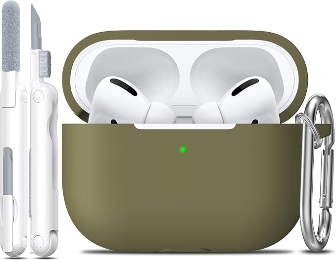 for AirPods Pro 2 Case, Soft Silicone Protective Cover with Keychain and Cleaning Pen, Compatible with AirPods Pro 2nd/1st Generation, Supports Wireless Charging, Olive Green