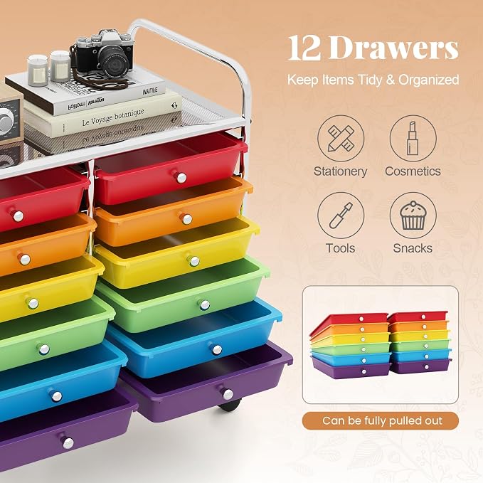 RELAX4LIFE 12-Drawer Rolling Storage Cart Mobile Craft Organizer Colorful | 24.5" Size, 4 Rolling Casters, Metal Frame, For School Teacher Office Salon Art File Supplies