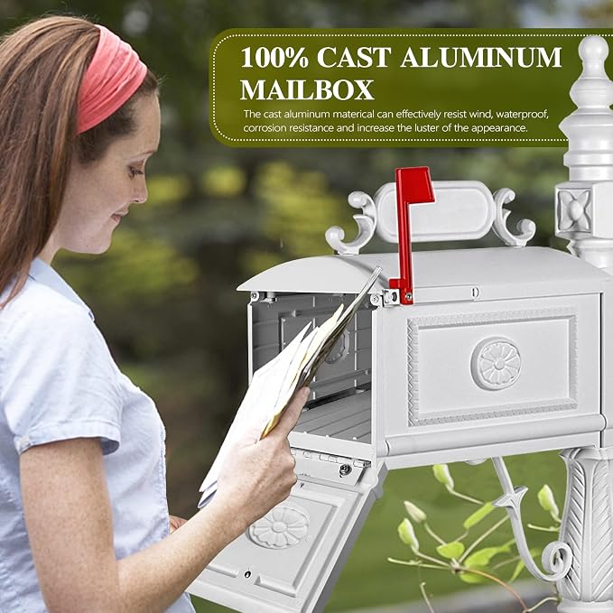 Polar Aurora Barcelona Decorative Post Mailbox Combination Stratford Heavy Duty Postal Mail Box Cast Aluminum(White)
