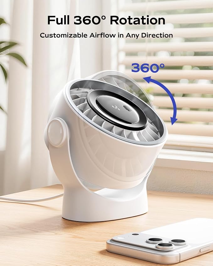 SWEETFULL USB Small Desk Fan - 5 Inch Mini Personal Desktop Fan | 4 Speeds Cooling Strong Airflow, 360° Adjustable Tilt, Quiet Portable Table Fans for Bedroom, Office, Travel & Cruise, Black