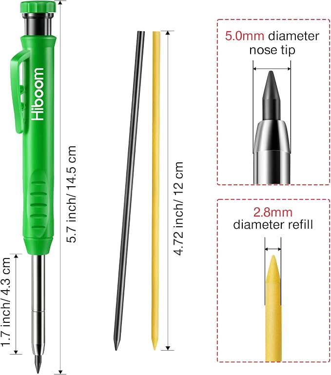 Hiboom Mechanical Carpenter Pencil with 7 Leads, Deep Hole Marker, Green | Built-In Sharpener, Long Nose Construction Pencil, Pocket Clip Design, Woodworking Tools, Marks on Various Surfaces