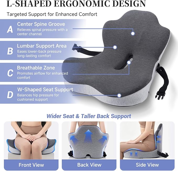Car Seat Cushion, Truck Driver Seat Cushion L-Shaped Lumbar Support Pillow, Memory Foam Seat Cushion Ergonomic Back Support, Comfort & Support for Long Sitting, Alleviate Back Pain