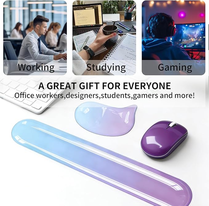 Gel Wrist Rest Set for Computer Keyboard and Mouse, 2-Pack (Purple) | Ergonomic Silicone Wrist Support for Typing Fatigue Relief, Non-Slip Cooling Computer Wrist Rest Pad for Office, Gaming