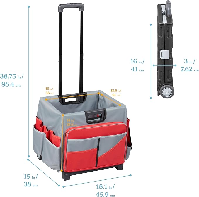 ECR4Kids Universal Rolling Cart with Canvas Organizer Bag, Mobile Storage, Red/Grey | Durable plastic, 30 compartments, adjustable handle, 40 lb capacity, collapses to 3" thick, rolling wheels for easy transport