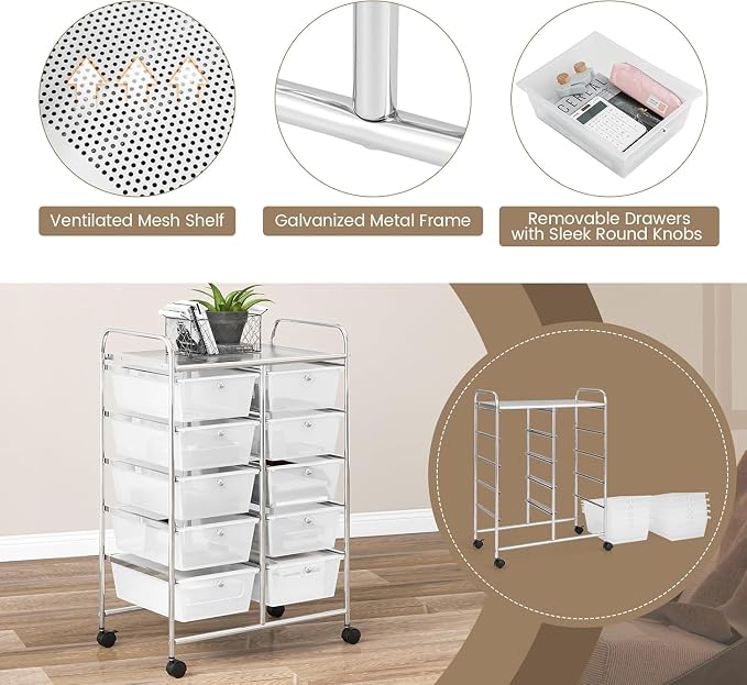 10 Drawer Rolling Cart, Storage Cart Organizer on Wheels, Drawer Cart with Metal Frame & Large Storage Capacity, Rolling Cart with Drawers for Living Room Classroom, Office