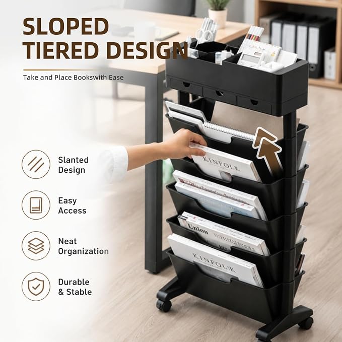 5 Tier Rolling Book Cart Multi-Functional Movable Storage Bookshelves | rolling bookshelf,Movable Storage Bookshelves with Lockable Wheels for Study Office Library Classroom,