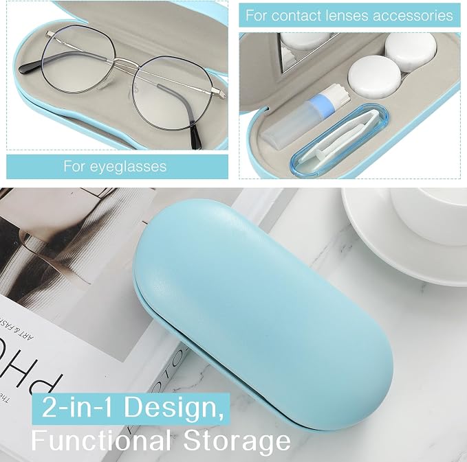 MoKo Double Eyeglass Case, Contact Lens Case with Mirror Tweezers Remover, 2 in 1 Double Sided Portable Contact Lens Box Holder Container Soak Storage Kit Sunglasses Pouch for Men & Women, Light Blue