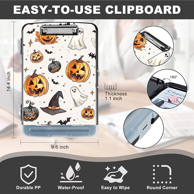 Clipboard with Storage,Storage Clipboard with Pen Holder,Heavy Duty Plastic Storage Clipboard with Low Profile Clip,Teacher Must Haves,Clipboard Folder,Office Supplies,Pumpkin -1361