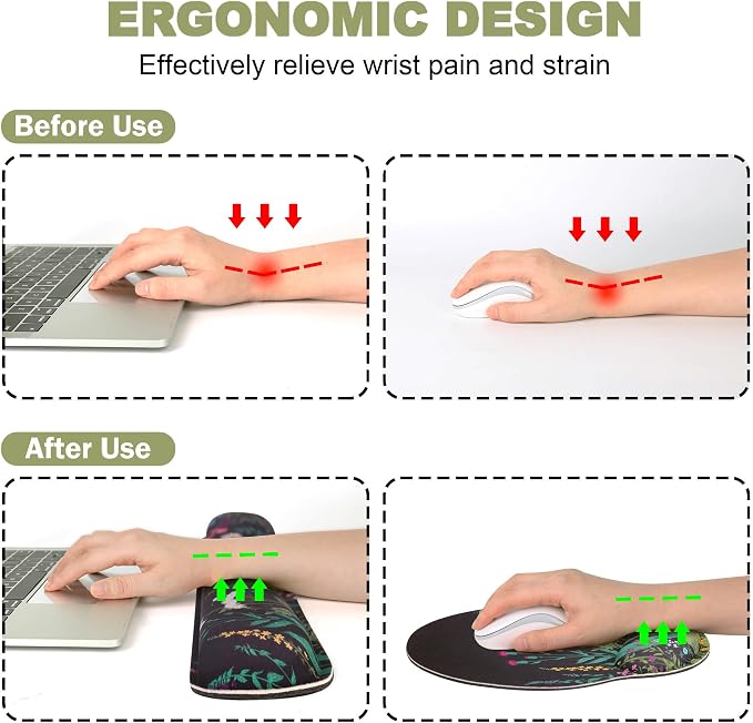 Ergonomic Mouse Pad with Wrist Rest and Keyboard Wrist Rest, Mousepad | Memory Foam Wrist Rest for Computer Keyboard, Pain Relief, Non-Slip Base, Black Mouse Pad Wrist Support for Gaming, Flower