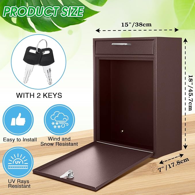 Yaocom Locking Mailbox with Key for Outdoor 18 x 15 x 7 Inches Large Wall Mount Mail Box with Lock Security Mail Drop Metal Collection Boxes Hanging Secure Postbox (Brown)