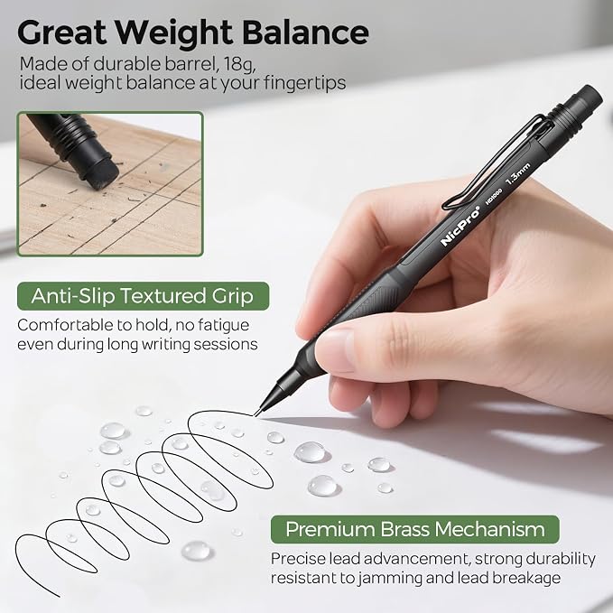 Nicpro 1.3 mm Mechanical Pencils Set 3 Colors, HD1000 1.3 Lead Pencil, 3Pcs | 51 Refill, 3 Eraser -Weatherproof Barrel Pencil, Heavy Duty Carpenter Pencil for Outdoor Marking Drafting Drawing Woodworking