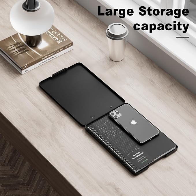 Hongri A5 Clipboard with Storage, Metal Retractable Pen Holder, Black | 6 x 9'' Nursing Plastic Foldable Clip Board, Size 9.4 x 6.1 x 0.9 in, Menu Box for Work, Office & School Supplies
