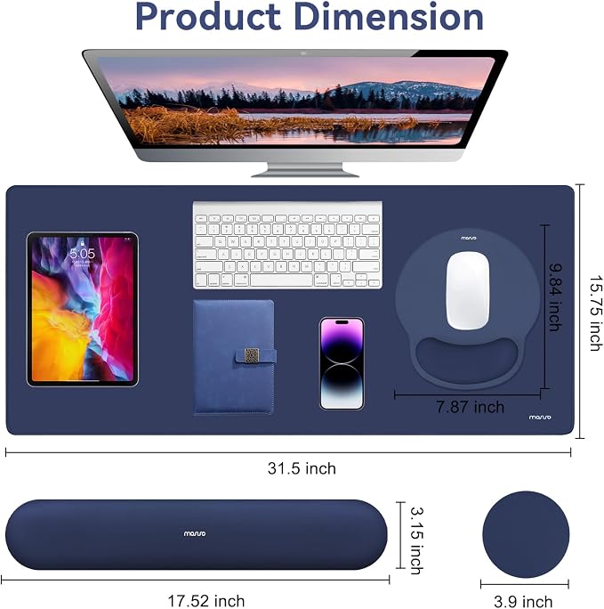MOSISO Wrist Rest for Mouse Pad Set, Large Gaming Deskpad, Navy Blue | Circle Curved Mousepad&Keyboard Wrist Rest&Coaster, Ergonomic Non-Slip Mousepad&Easy Typing Pad with Silicone Lining