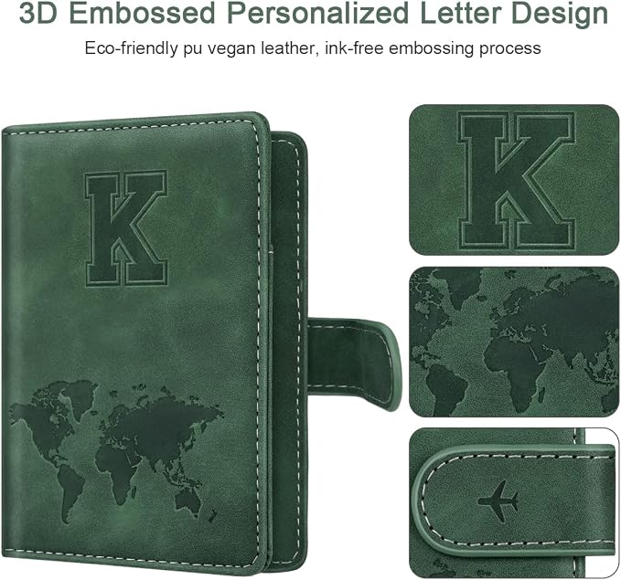 Passport Holder Wallet Cover Personalized Initial Travel Essentials | Embossed Letter A-Z Design, Travel Wallets, RFID Blocking, Passport Book Holders, Women and Men, Personalized Gifts, Green-K