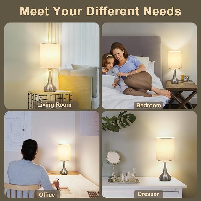 Touch Control Table Lamp, 3 Way Dimmable Simple Night Light Lamp with White Lampshade Silver Metal Base, Small Bedside Table Lamp for Bedroom, Office, Dorm, A19 9W 3000K Bulb Included