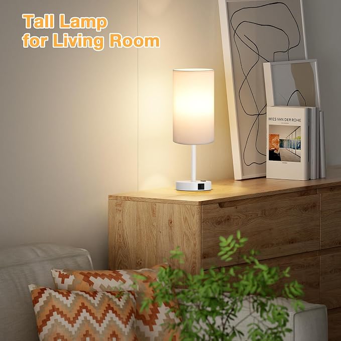 Dicoool 17.4" Bedside Lamp for Bedroom - Dimmable Touch, USB A+C, AC Outlet | LED Bulb Included, 3-Way Dimmable, 17.4" Table Lamp for Living Room, Dorm, White Fabric Lampshade, White Metal Base