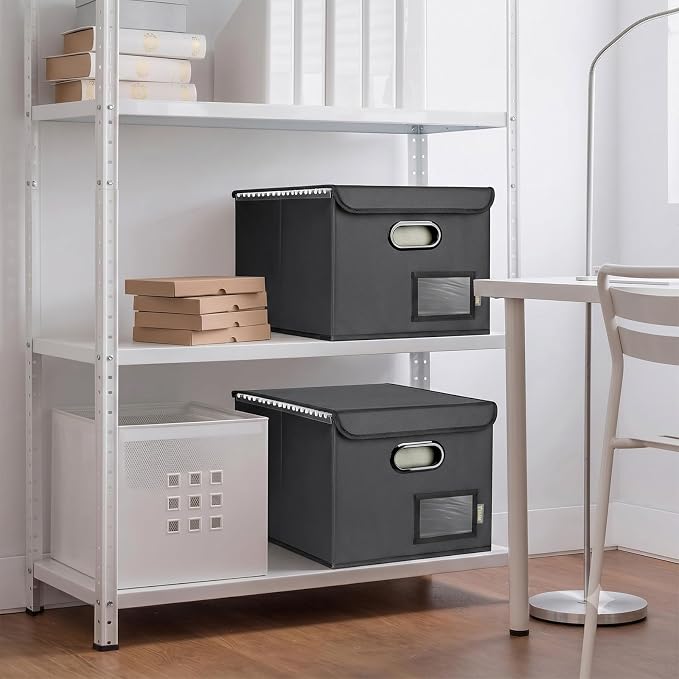 BALEINE File Organizer Box with Lid, Collapsible Hanging File Storage Box | Smooth Plastic Rails, Textured Fabric Exterior, Collapsible Hanging File Folder Box for Office Document Storage