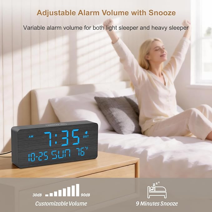 DreamSky Wooden Digital Alarm Clocks for Bedrooms with Date & Day of Week | Living Room Desk Clock, Temperature, USB Port, Dimmer Wheel, Adjustable Volume, Auto DST, Office Wood Decor (Plug-in)
