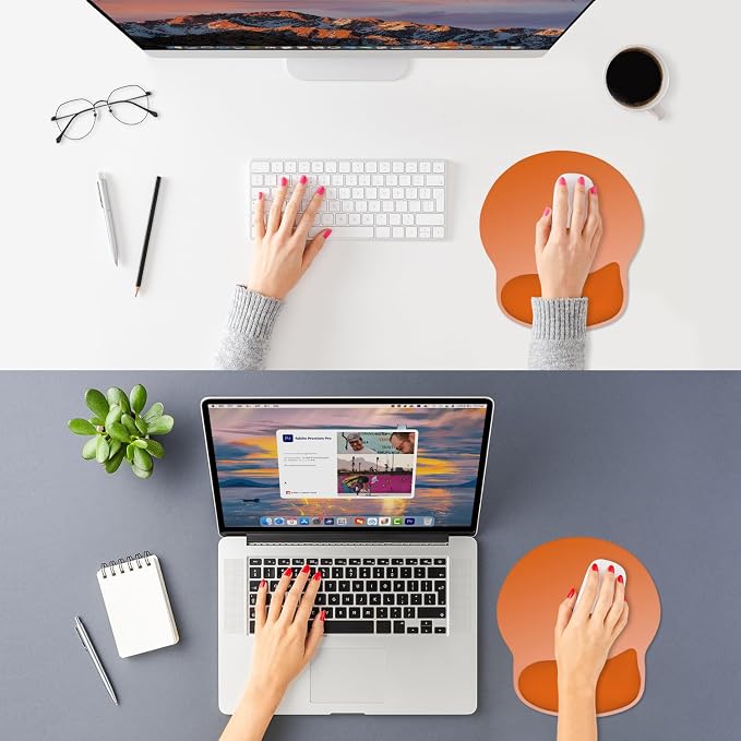 ITNRSIIET Ergonomic Mouse Pad with Wider Memory Foam Wrist Rest +17% - Curved Cushion Reduces Pressure 20%, Pain Relief, Non-Slip, Smooth, Cute Colors, 9.85 x 9 in, Peach Gradient
