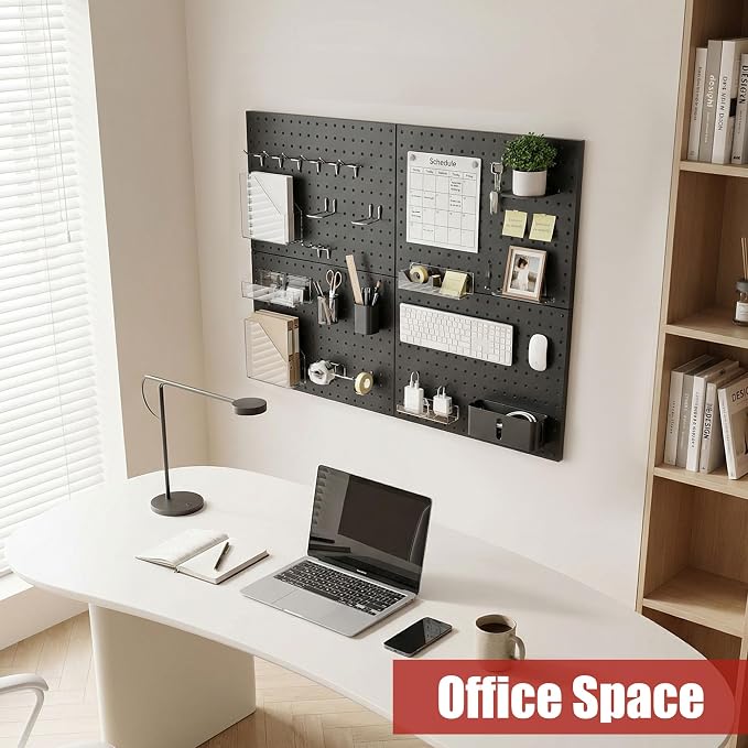 Heavy Duty Peg Board, 4 Pack Metal Pegboard Panels with 50 Hooks | Black Pegboard Organizer - Wall Mount Storage System for Garage and Garden Tools, Workbench, Office & Home Organization