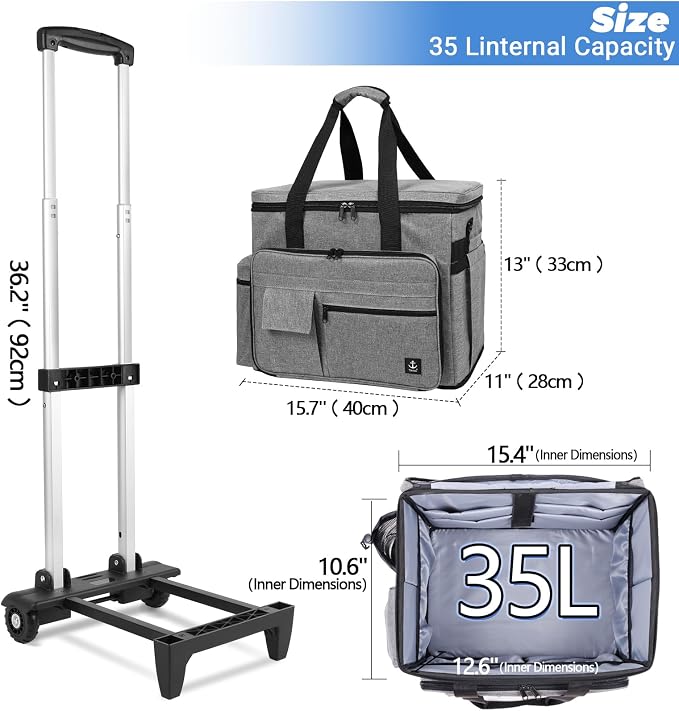 Rolling Teacher Bag Built-in Hard Support Board With Detachable Trolley | Waterproof nylon,35L large space,Multiple storage pockets,Fits 15.6 Inch Laptop