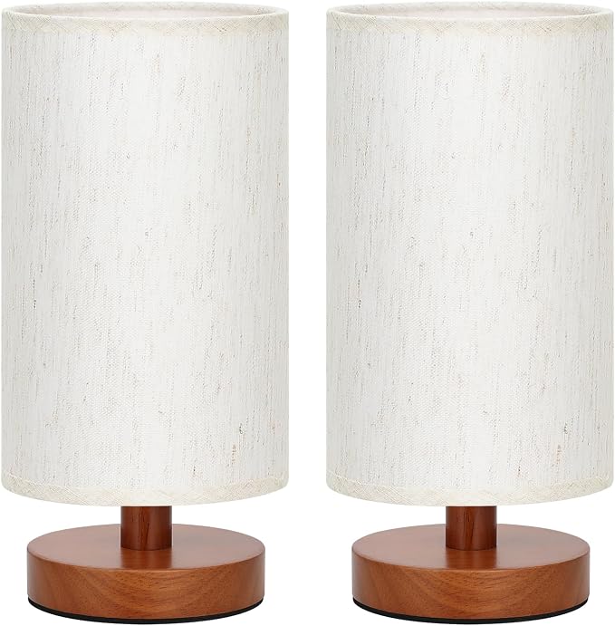 Desk Small Lamps Set of 2 (Cream Shade - Walnut Base, 9" Inline Control) | Two 3000K LED Blubs Included | 680 Lumens | Easy Assembly | Minimalist Design | E26 | for Kitchen | for Kids Room