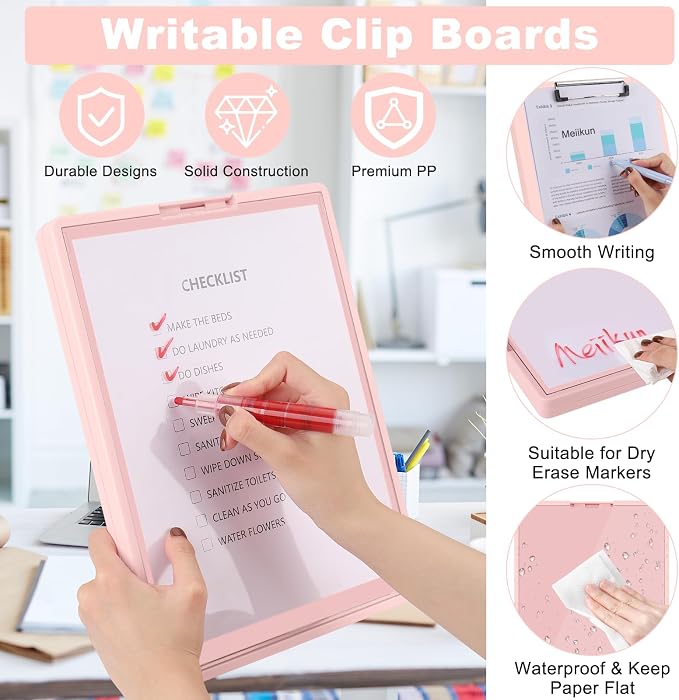 Meiikun Clipboard with Storage, Plastic Clip Boards 8.5x11 Folder with Clear Panel for Dry Erase Quick Reference, Clip Board Storage Clipboards Case for Teacher School Office Supplies (Dusty Pink)