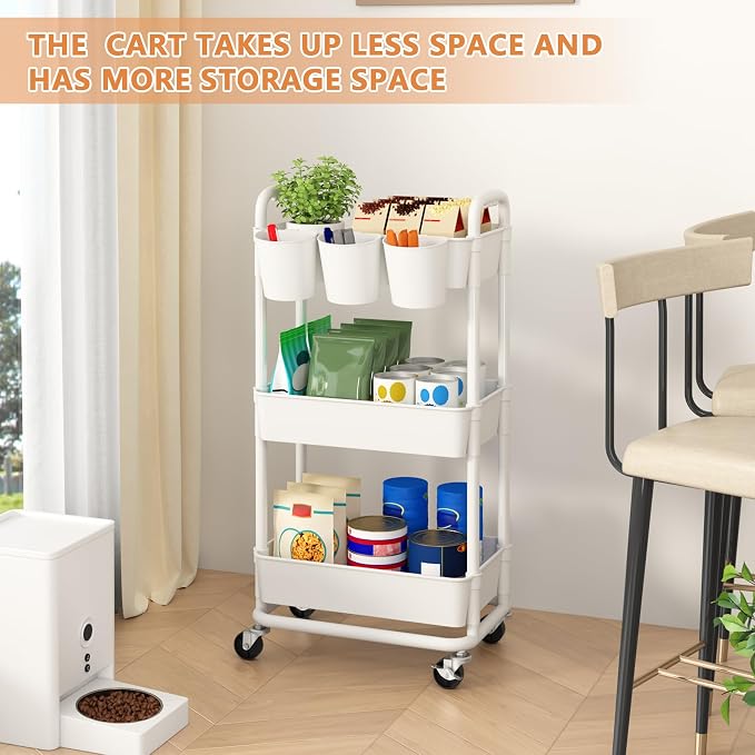 3-Tier Plastic Rolling Storage Cart Utility Cart with Extra Hanging Cups Handles Lockable Wheels for Living Room Bathroom Kitchen Office White | Utility Cart with Extra Hanging Cups Arc-Shaped Handles Lockable Wheels for Living Room Bathroom Kitchen Of...