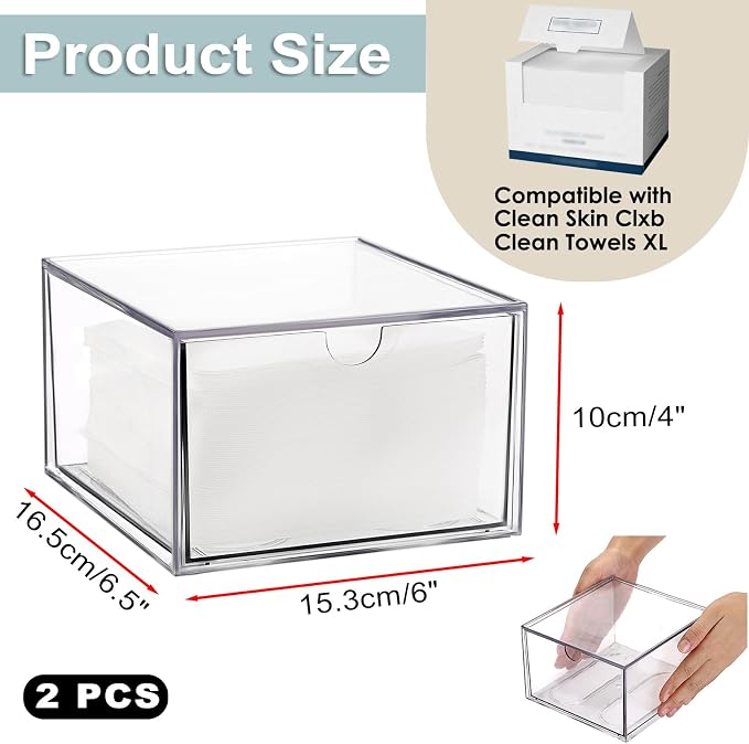 Sumnacon 2 Pack Disposable Face Towel Holder for Bathroom Vanity, Clear Plastic Facial Towels Holder Container with Drawer Storage, Face Towels Case Organizer Compatible with Clean Skin Cluub Towel