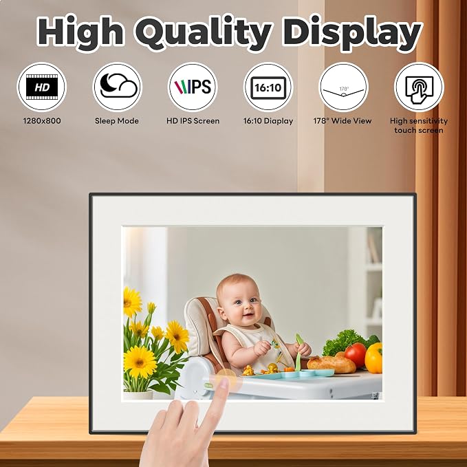 32GB WiFi Digital Picture Frame, 10.1 Inch Frameo Photo Frame,1280x800 HD IPS Touch Screen, Auto-Rotate, Share Photos/Videos Instantly via Frameo App from Anywhere, Wall Mountable.
