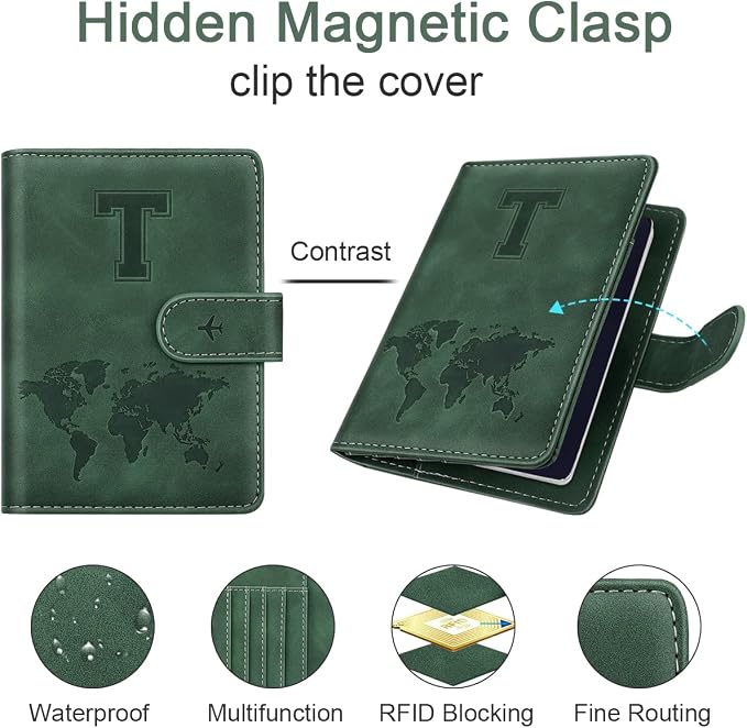 Passport Holder Wallet Cover Personalized Initial Travel Essentials | Embossed Letter A-Z Design, Travel Wallets, RFID Blocking, Passport Book Holders, Women and Men, Personalized Gifts, Green-T